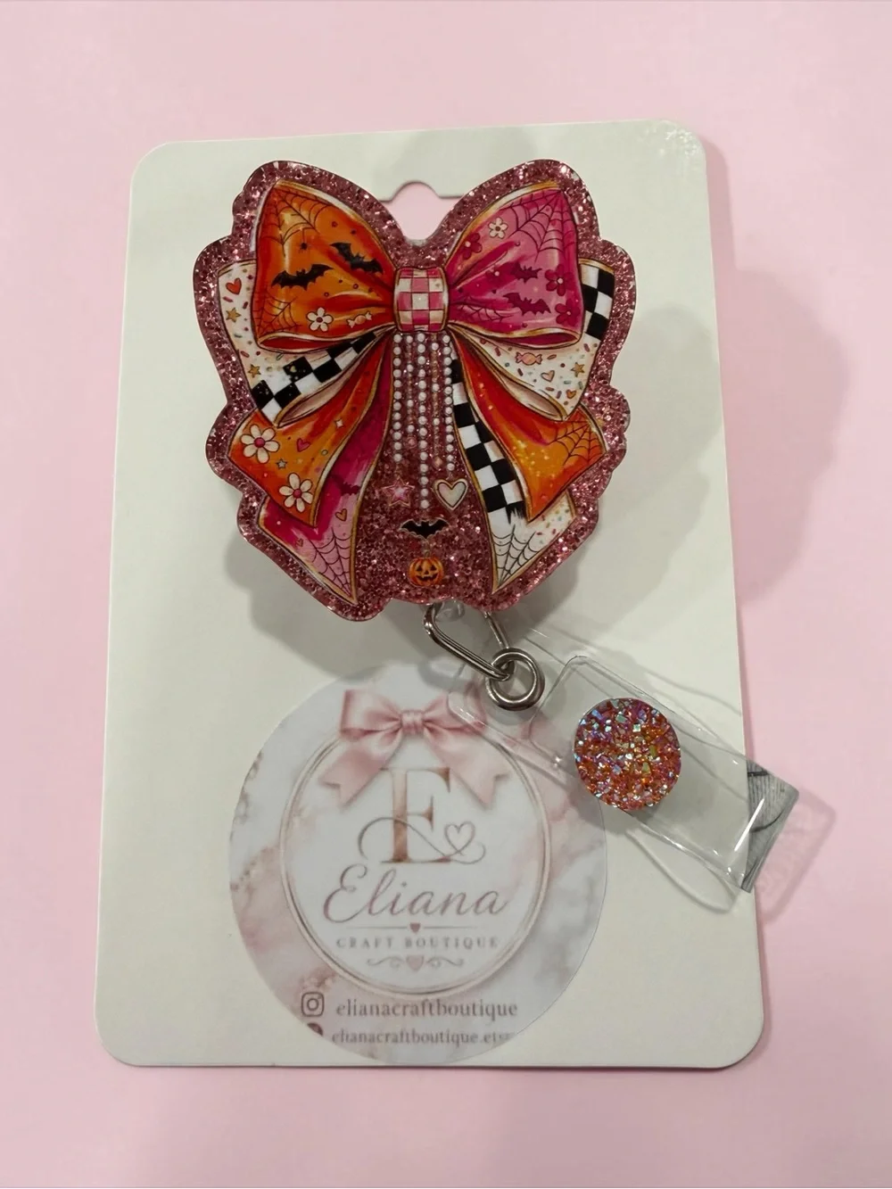 Halloween Pink & Orange Glitter Bow Badge Reel